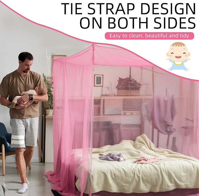 4 Corners Mosquito Net for Mosquiteros para Camas Bed Canopies Netting Bed Drapes Rectangular Mosquito Mesh for Camping Home Outdoor Travel(Pink,L75 X W47 X H59 Inch,Opening)