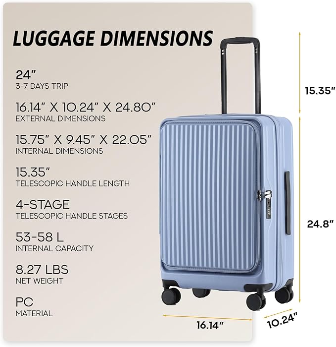 24 Inch Top Opening Checked Travel Luggage Expandable with Spinner Wheels,All PC Hard Shell Hardside Lightweight Medium Suitcase with TSA Approved Cup Holder for Business Trips Woman Men,Blue