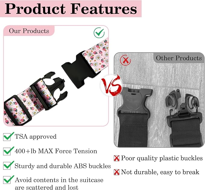 Strawberry Luggage Straps for Suitcases TSA Approved, Luggage Identifiers for Suitcase, Adjustable Suitcase Strap for Baggage Security with Cute Patten, Travel Necessary Accessories