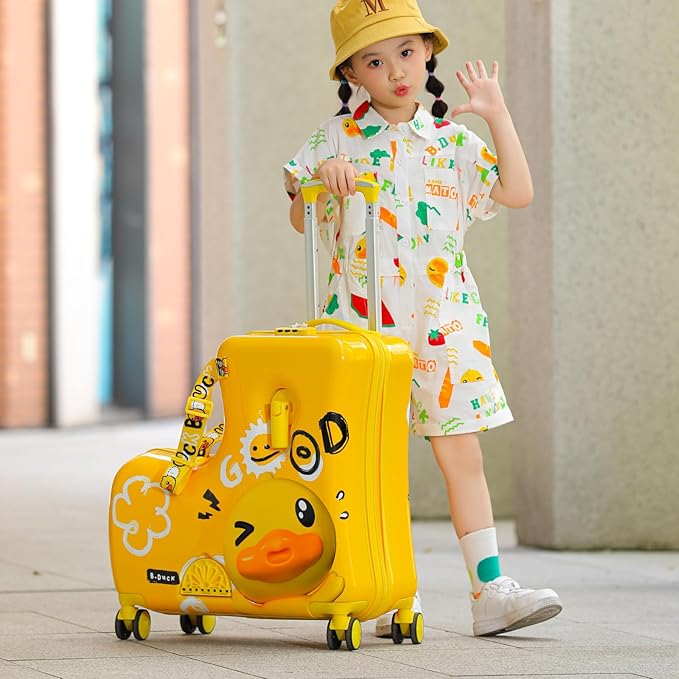 Kids' Lightweight Ride on Luggage with Spinner Wheels & Foldabe Design (Yellow Good, 24"+ Aged 3-12 Toddler)