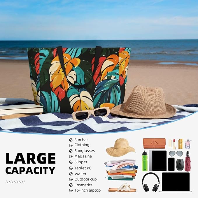 Beach Bag for Women Beach Tote Bag Waterproof Sandproof Large Bags with Zipper Big Capacity for Vacation Travel