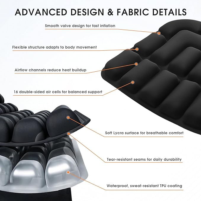 3D Inflatable Seat Cushion for Airplane Travel - Portable Air Seats Pad Pressure Relief with Storage Bag for Long Flights Car Office Camping Wheelchair Stadium Bleacher, No Pump Required, Black