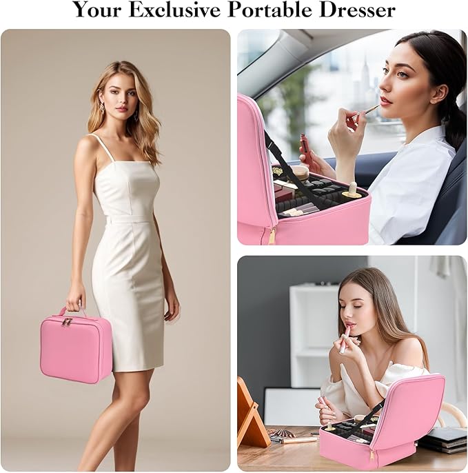 Travel Makeup Bag With LED Mirror,Makeup Travel Train Case with 3 Color Setting,Cosmetic Makeup Organizer Bag with Adjustable Dividers,Portable Make up Bag with Makeup Brush Holder Storage（Pink）