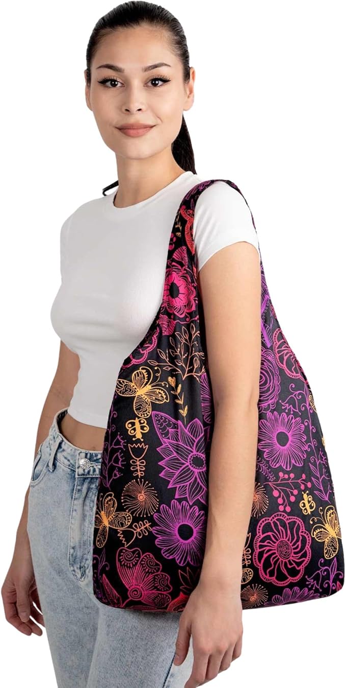 Nanobag Ultra-Lightweight Foldable Tote for Women & Men, Reusable Grocery & Travel Bag, Packable Collapsible Compact Market Essential (Standard Neon Flowers)