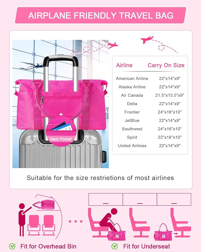 Overnight Bag for Kids Teen Girls Weekender Dance Bag Birthday Graduation Gifts,Initial Travel Duffel Bag Sports Gym Bag Personalized Weekender Bag Carry On Bags Preppy Gifts for Women(Hot Pink, N)