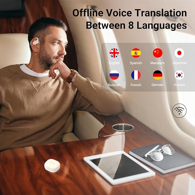 M9 AI Language Translator Earbuds Open-Ear Headphones Support 144 Languages & Accents Translation Earbuds Real Time Translator Device, Snug Fit, Ergonomic Ear Hooks Beige (With Offline Package)