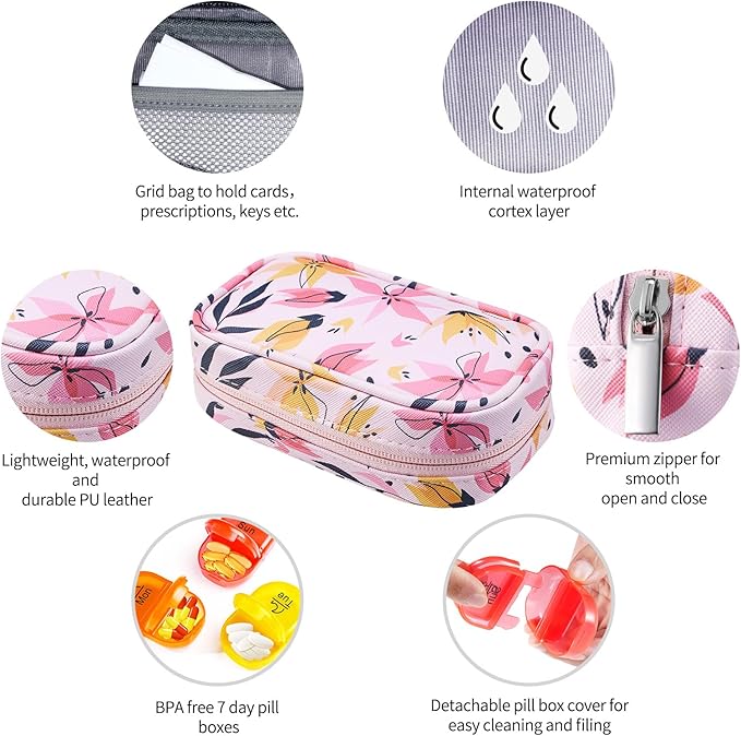 Serfeymi Weekly Travel Pill Organizer 2 Times A Day AM PM Upgraded Rainbow Pill Box 7 Day with Portable Zipper PU Leather Pill Case, Medicine Organizer for Pills, Vitamins, Fish Oils - Pink 03