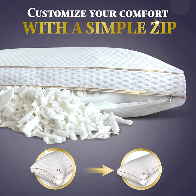 Royal Therapy 4-Pack Adjustable Queen Pillows, Shredded Memory Foam Pillows Queen Size Set, Cooling Pillow Bed Pillow Firm Pillow Foam Side Sleepers