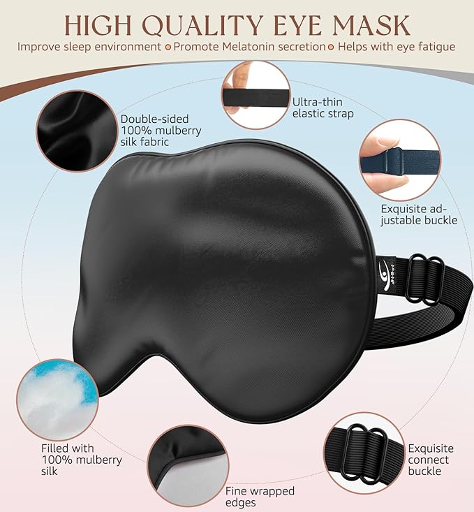 HiRui Silk Sleep Mask, 100% Natural Mulberry Silk of Double-Sided & Inner-Filling, Ultra-Smooth Soft, Adjustable Strap, Blocks Light for Night Sleeping, Travel, Office Naps (Black)