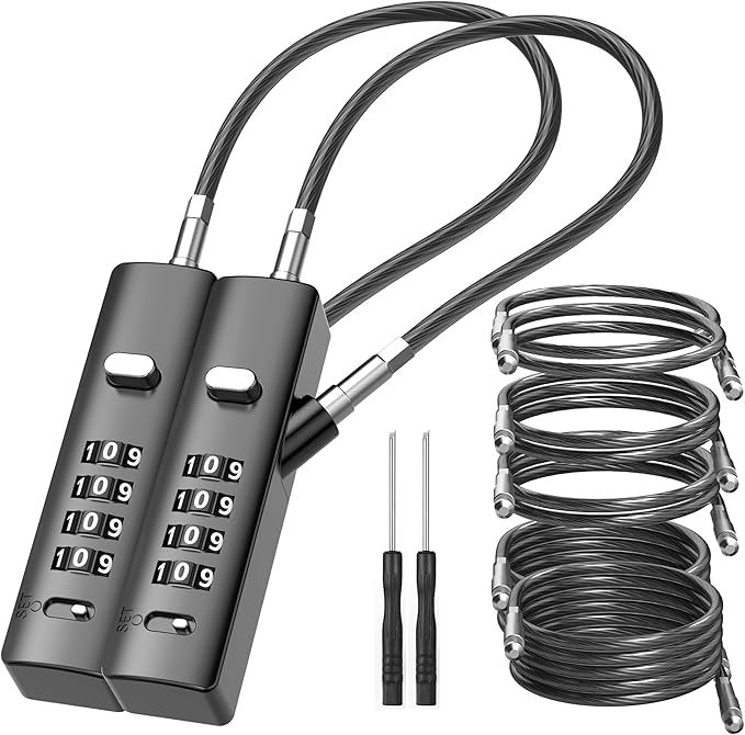 4-Digit Combination Cable Luggage Lock with 3 Interchangeable Steel Cables (9"/24"/47") – for Bike, Backpack, Gym, Cabinet, Gate (Gray, 2 Pack)