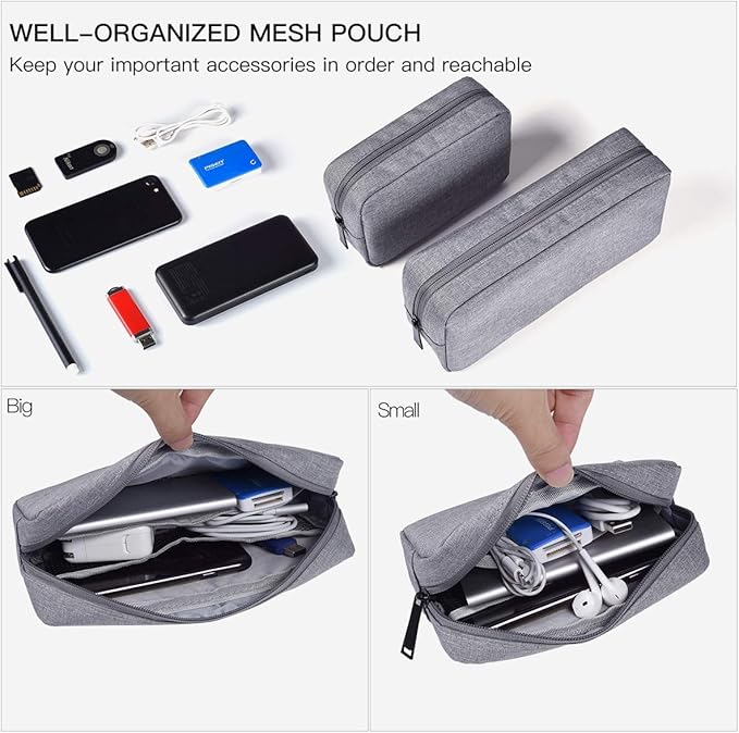 Portable Electronics Accessories Storage Bag, 2PCS Big + Small Carrying Case Travel Cable Organizer Cosmetic Bag Pouch Compatible Hard Drive, Power Bank, Mouse, Laptop Charger, Cellphone, Gray