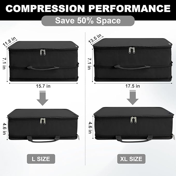 Extra Large Compression Packing Cubes for Travel Essentials, 2 Set Expandable Travel Cubes for Packing Bags Suitcase Organizer, Black