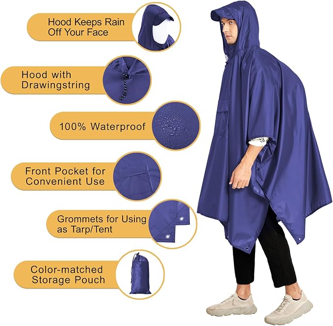 salamra Hooded Rain Poncho Waterproof Raincoat Jacket for Men/Women/Adults with Pocket