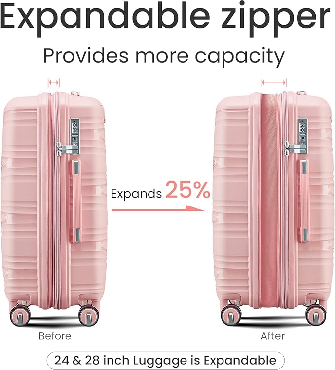 Campfun Luggage 4 Piece Sets, Expandable Carry On Luggage Set Hardshell PP, Suitcase Set with Double Spinner Wheels, Checked Durable Lightweight with TSA Lock, 14in 20in 24in 28in-Pink(C)
