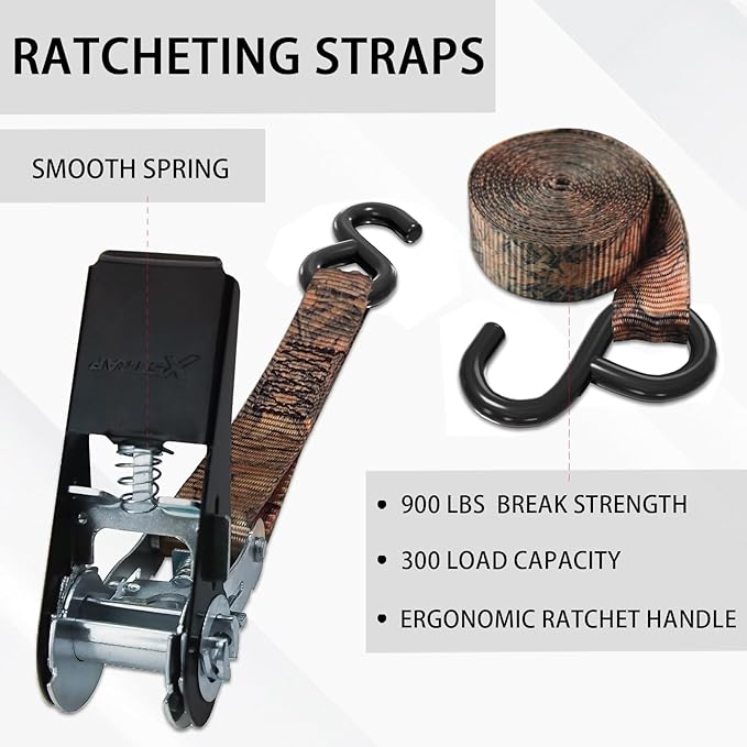 XSTRAP STANDARD Ratchet Tie Down Straps - 8PK - 1'' x 10 ft - 900 LB Break Strength Cargo Straps for Moving Appliances, Lawn Equipment, Motorcycle (Camouflage2)