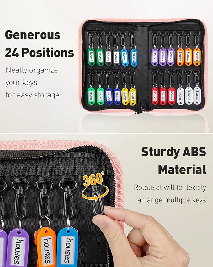 Uniclife Zippered Key Case Organizer Waterproof and Fireproof Pink Key Binder with 24 Hooks and Tags Portable Key Storage Book for Offices Real Estate Agencies Hotels and Rental Management