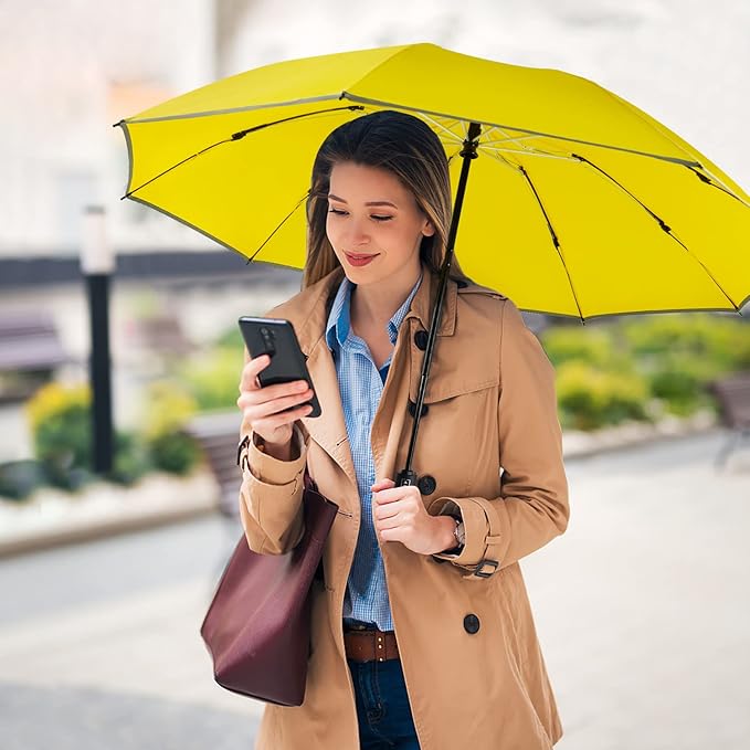 Lejorain Automatic Folding Umbrella Inverted - Upside Down Yellow Windproof Umbrella LED Flashlight Handle With Reflective Strip