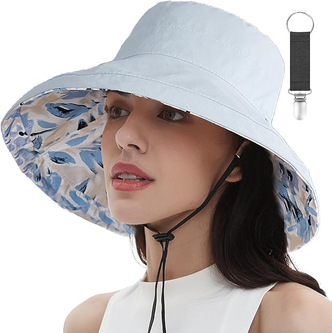 vidsel Womens Sun Hats Wide Brim Reversible Bucket Cotton Hat Packable Summer Travel Cap with Hat Clip,UV Protection