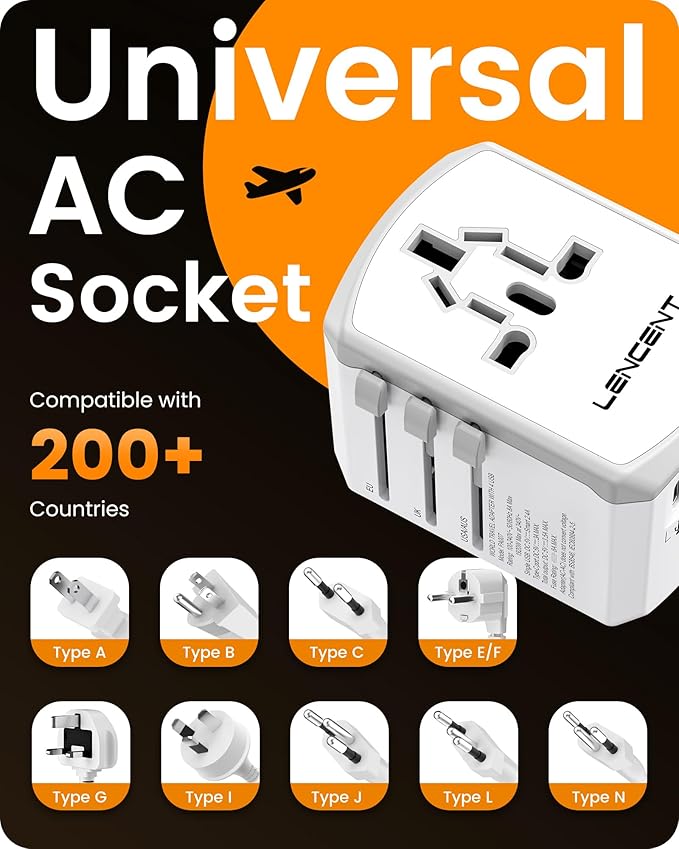 LENCENT Universal Travel Power Adapter, International AC Plug Adaptor with 2 USB C 2 USB A Ports Wall Charger Worldwide Travel Essentials for US to EU UK Ireland Australia (Type C/G/A/I), White