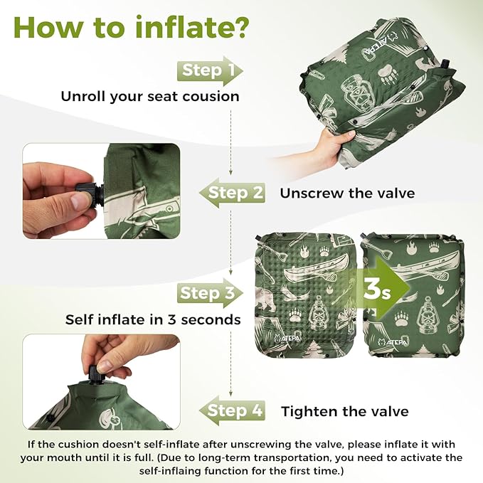 ATEPA Inflatable Stadium Seat Cushion, Self-Inflating Memory Foam Stadium Seats Bleacher Seat Chair Cushion Pad for Airplane Travel Backpacking Sports Events