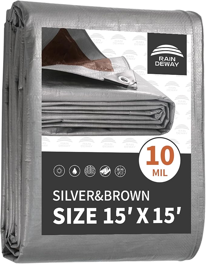 RAINDEWAY Tarps Heavy Duty Waterproof 15x15 Feet, 10Mil Multipurpose Poly Tarp Cover with Metal Grommets and Reinforced Edges, Silver/Brown Tarp