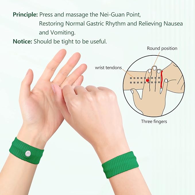 Motion Sickness Wristband, Anti-Nausea Acupressure Wrist Band for Nausea Relief, Dizziness and Vomiting from Car Boat Flying Travel Sickness (Black/Grey/Light Blue/White/Green/Red, 6 Pairs)