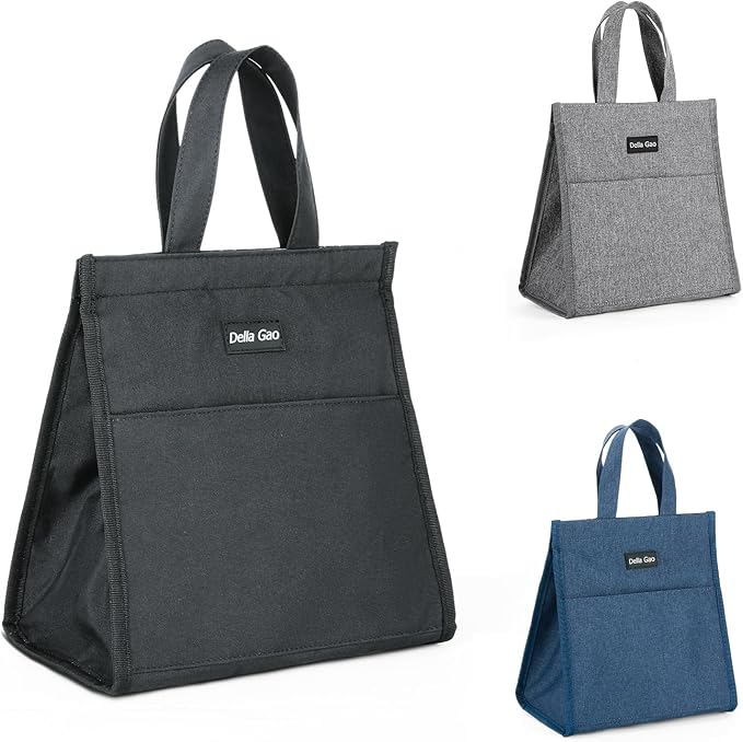 Della Gao Insulated Lunch Bag for Women Men, Waterproof Small Lunch Tote Lunch Box, Reusable Lunch Bags for Work, Party, Travel and Picnic (Black)