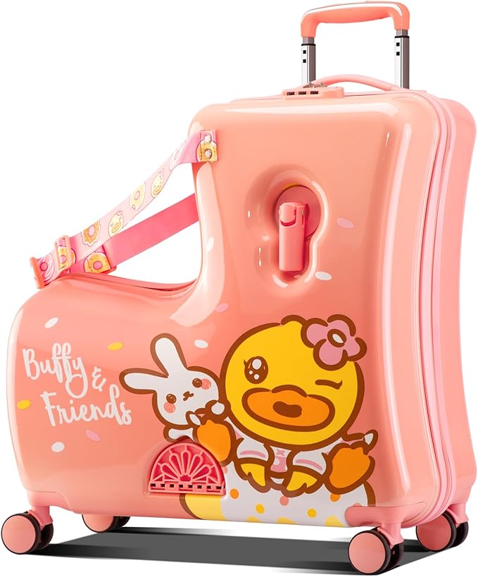Kids' Lightweight Ride on Luggage with Spinner Wheels & Foldabe Design (Pink Rabbit, 24"+ Aged 3-12 Toddler)