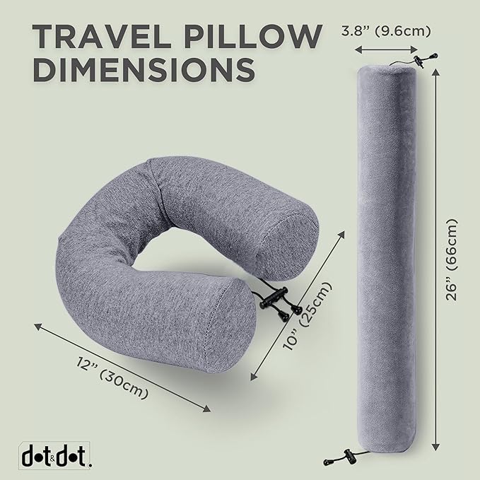 Dot&Dot Twist Memory Foam Travel Pillow for Airplanes - Travel Neck Pillow for Sleeping - Airplane Pillow for Neck Support, Chin, Lumbar and Leg - Adjustable, Bendable Neck Roll Pillow (Gray Black AC)