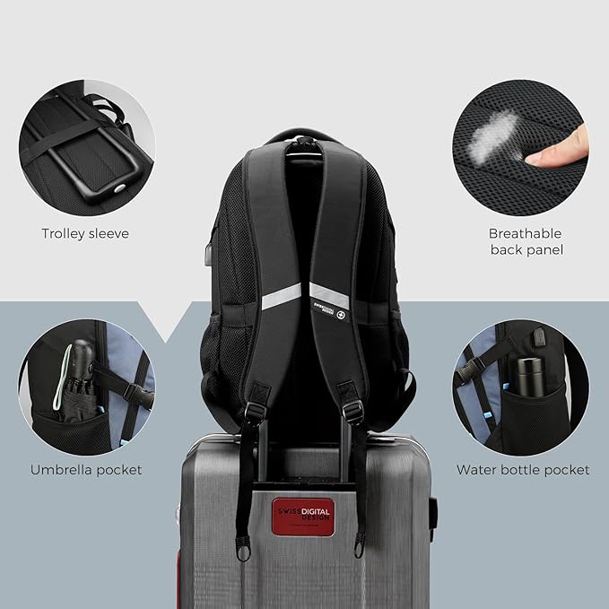 Swissdigital Design Laptop Backpack with USB Charging Port, TSA Travel Backpack Fits 15.6 inches Computer, 31L College School Backpack for Men, Haze Blue/Black | SD803