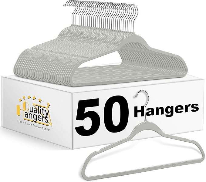 Quality Hangers Clothes Set 50 Pack - Non-Velvet Plastic for Clothes - Heavy Duty Coat Set - Space-Saving Closet With Chrome Swivel Hook, Functional Non-Flocked, Gray