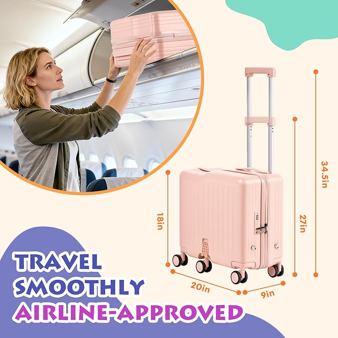 Kids Ride-On Luggage, 20" Hardshell Carry-On Suitcase with 6 Spinner Wheels, Foldable Pedal, Hidden Cup Holder & Combination Lock for Toddlers & Children (Pink, 20-inch)