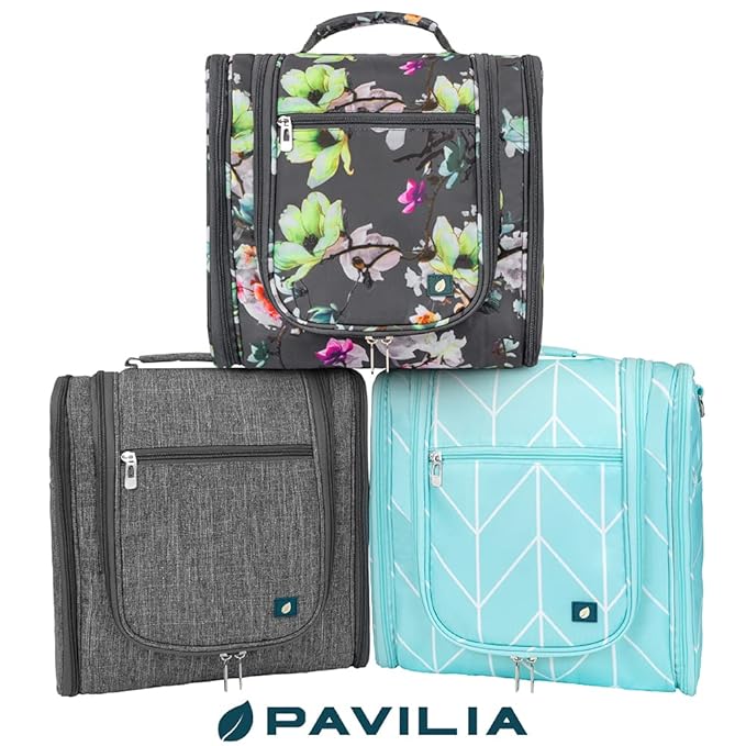 PAVILIA Extra Large Toiletry Bag Travel Bag for Women Men, Hanging Cosmetic Organizer, Water Resistant Makeup Bag for Accessories Toiletries, Travel Essentials Kit (Floral Grey)