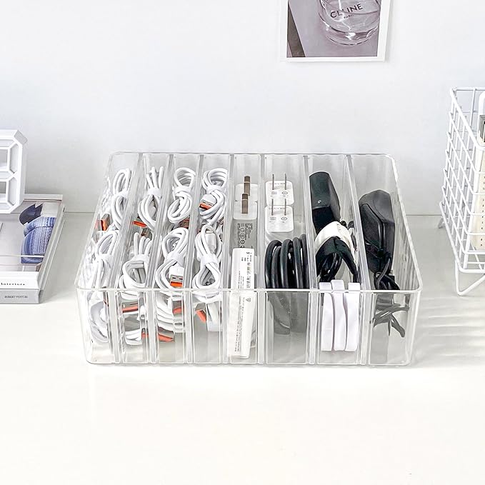 Yesesion Clear Cord Organizer Box for Desk Drawer, Plastic Cable Storage Container with Adjustable Compartments and Wire Ties for Phone Charger, Battery, Art Crafts, Electronics Accessories Case