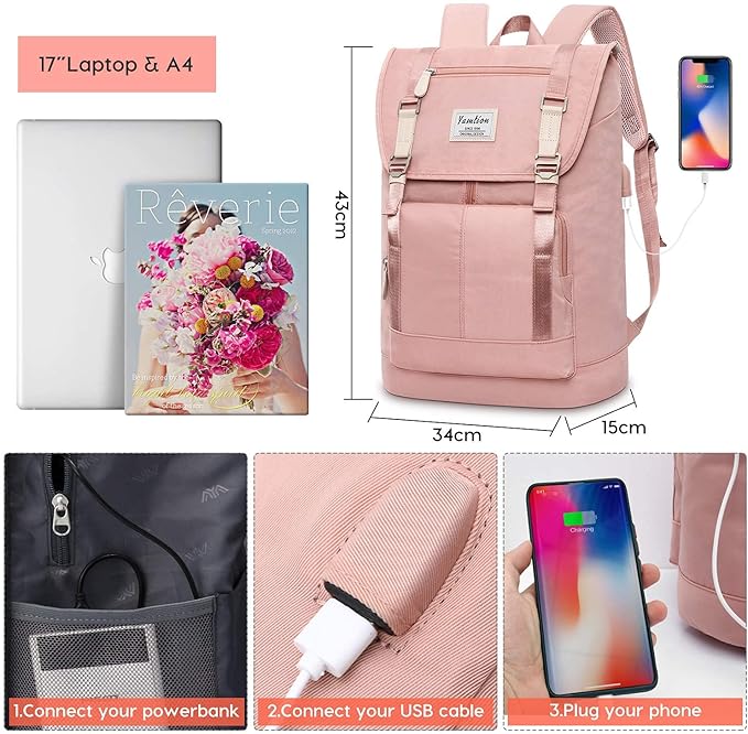Women Backpack Schoolbag for Teen Girls,College Student Bookbag for 17 Inch Laptop,Work Gym Computer Bags with USB Charging Port