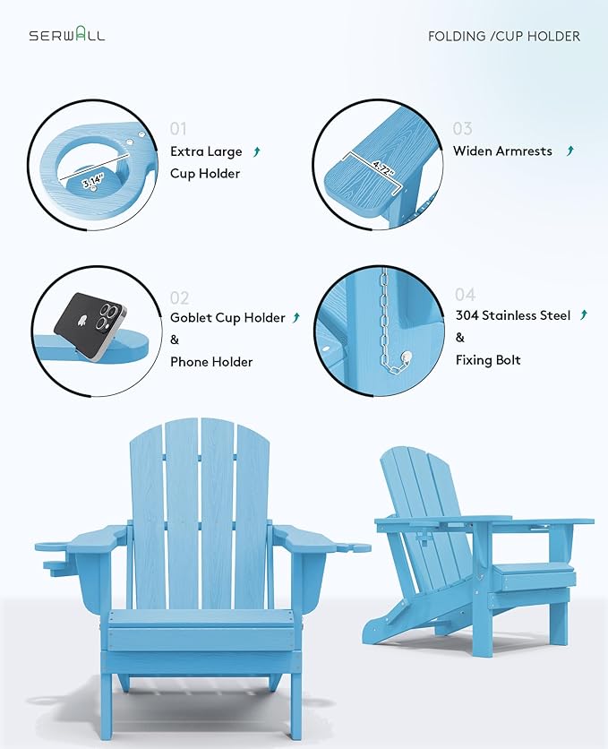 SERWALL Adirondack Chair with Cup Holders - Composite Adirondack Chairs Set of 6 HDPE Outdoor Chairs All Weather Use- Light Blue