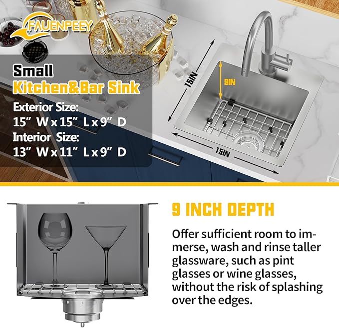 Small Kitchen Sink,15x15 Inch Bar Sink Stainless Steel Drop In Small Kitchen Sink Ideal Choice For Small Space Nice As Toprmount Prep Sink,RV Kitchen Sink With Bottom Grid,Soap Mat And Drain Assembly