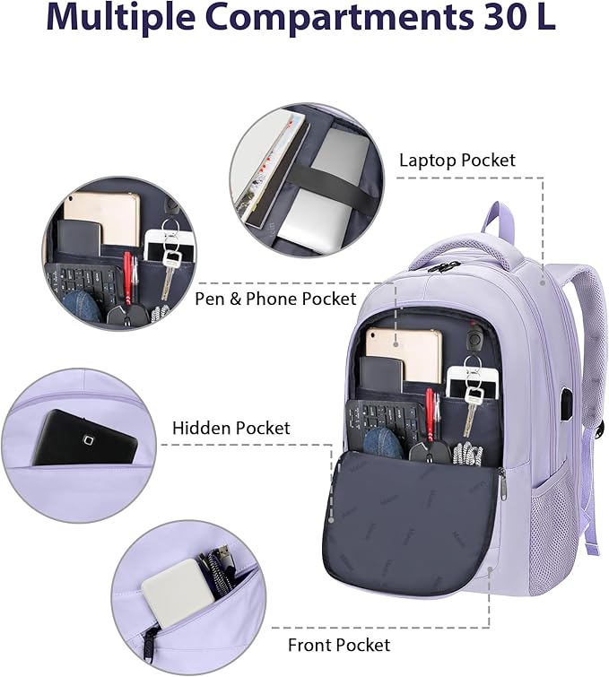 MATEIN College School Backpack for Women, 17 Inch Large College Laptop Bookbag TSA Approved, Anti Theft Multiple Pockets Computer Carry On for Work Travel, Light Purple
