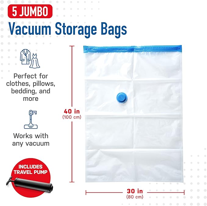 5 Pack Jumbo Vacuum Storage Bags for Comforters, Blankets & Clothes – Jumbo Vacuum Sealed Compression Bags with Hand Pump – Space Saver Storage Bags for Bedding, Moving, Travel & Organization