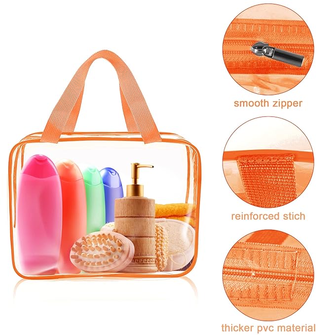 APREUTY Clear Makeup Bags, TSA Approved 6 Pcs Cosmetic Makeup Bags Set Clear PVC with Zipper Handle Portable Travel Luggage Pouch Airport Airline Vacation Organization (Orange)