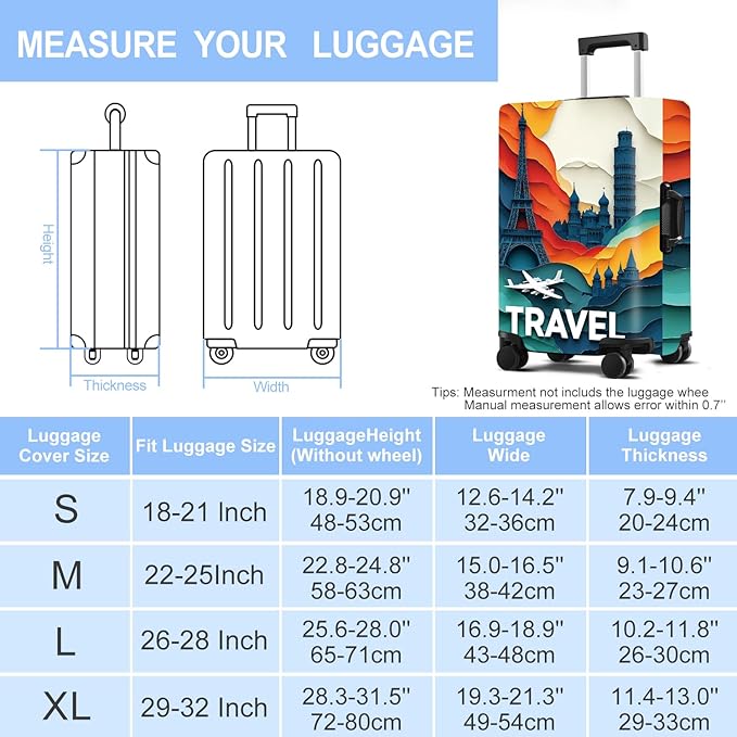 Luggage Cover Washable Suitcase Protector Anti-Scratch,Stretchable Fit for 20-34Inch Luggage Durable Travel Bag Cover with Zipper Closure (Travel-3, M(fits 24-26Inch suitcase))