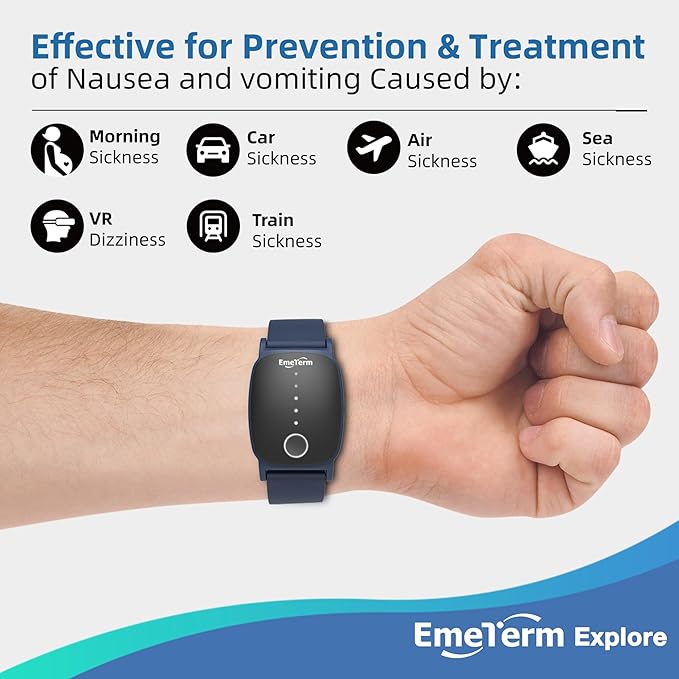 EmeTerm Explore FDA-Cleared Anti-Nausea Wristband IP67 Waterproof Morning Motion Travel Sickness Vomit Relief Rechargeable No Gel Drug Free Without Side Effects (2 Pack)