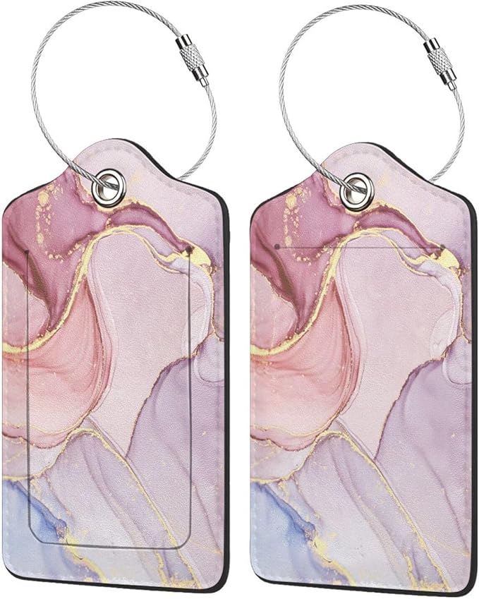 2 Pack Pink Gold Marble Luggage Tags for Suitcases, Marbles Theme Unique Leather Luggage Tags Cruise Ship Essential Travel Bag Gift for Men Women Couples Bride Groom, Funny Christmas Birthday Gifts