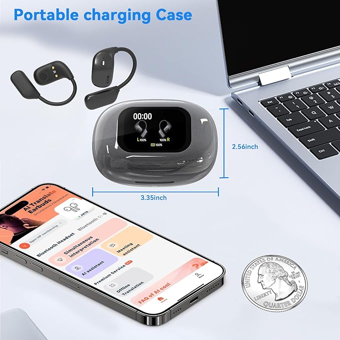 AI Translation Earbuds Real Time- 144 Languages, Meeting Assistant, LCD Touch Screen, Noise Cancelling, Wireless Open Ear Translator Earbuds- Used for Travel, Business, Learning, Grey pr