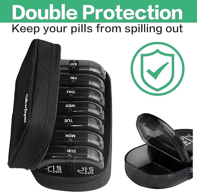 Serfeymi Weekly Travel Pill Organizer 2 Times A Day AM PM Upgraded Black Pill Box 7 Day with Portable Zipper Canvas Pill Case, Medicine Organizer for Pills, Vitamins, Supplements, Fish Oils - Black 01