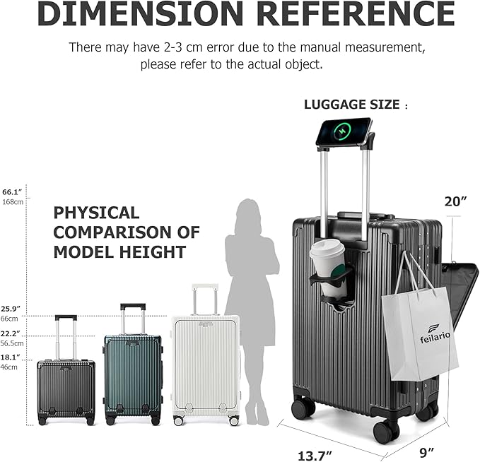 feilario 20in Aluminium Frame PC Hard Shell Spinner Wheels Luggage, Built-In TSA lock Carry on Suitcase, with Cup Holder, USB Port, Phone Holder