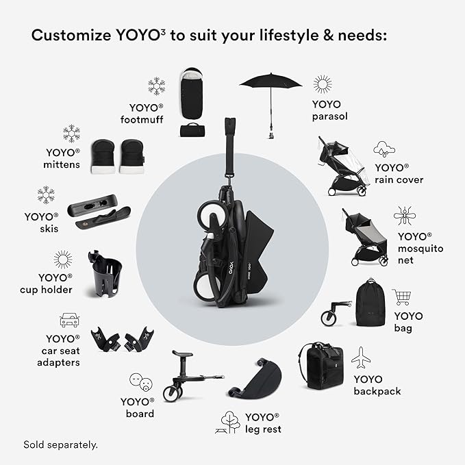 Stokke YOYO3 Stroller from 6 Months - Includes White Frame/Black Seat Cushion + Canopy - Folds in & Out in a Flash - Light & Compact - Carry-On Compatible
