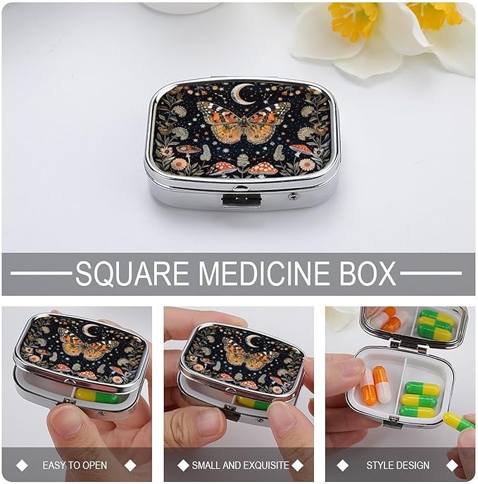 Metal 2 Compartment Pill Organizer Travel Friendly Portable Compact Pill Box Cute Pill Case,for Pocket Wallets Daily Portable Medicine Vitamin Tablet Storage (Butterfly)