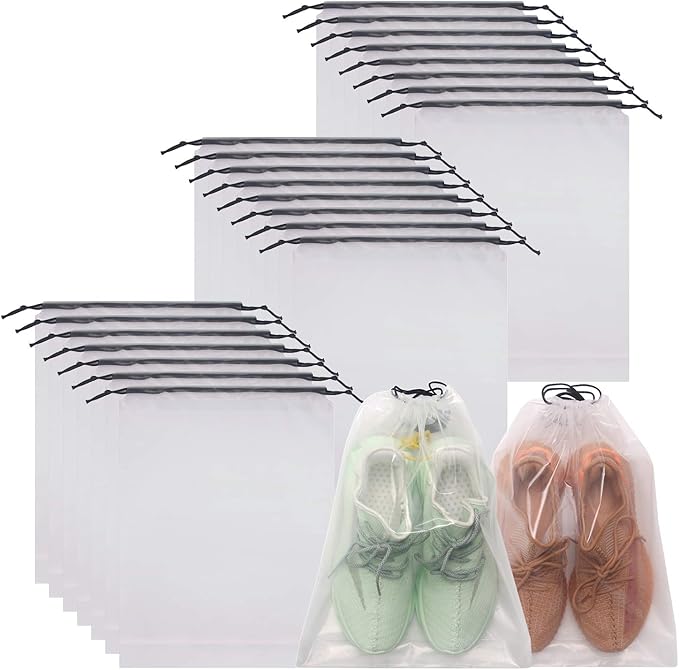 Set of 24 Transparent Shoe Bags for Travel Large Clear Shoes Storage Organizers Pouch with Rope for Men and Women