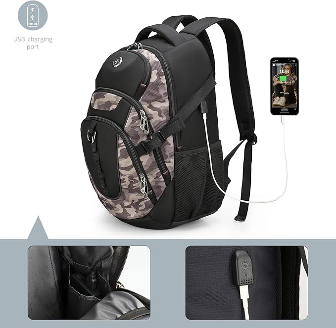 Swissdigital Design Laptop Backpack with USB Charging Port, Travel Backpack Fits 15.6 inches Computer, 31L College School Backpack for Men, Khaki Camo | SD803